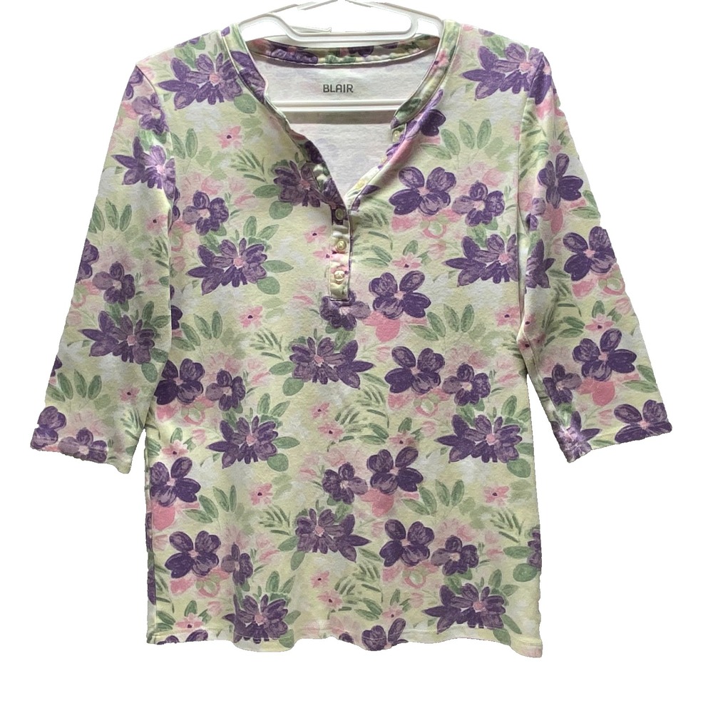 Blair Knit Henley Shirt Women's Small Purple Pink Floral Cotton 3/4 Sleeve GUC